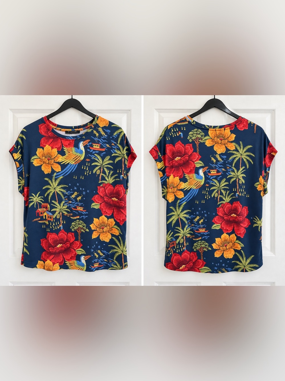 T Tahari Navy Floral & Tropical Short Sleeve Top very good condition